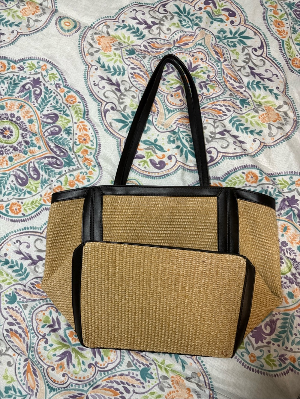 Celine Tan Straw Tote with Black Trim and Logo - Japan Thrifted - Picture 3 of 5